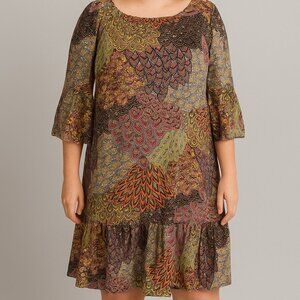 PRELUDE Colorful Print Bell Sleeve Shift Ruffle Trim Dress With Slip Size 10